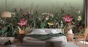 Le papier peint panoramique BOTANICA sur fond vert ou sur fond blanc, des fleurs des champs géantes poussent en vrac sur le décor mural. La nature est à l’œuvre et prend toute sa place.