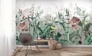 Le papier peint panoramique BOTANICA sur fond vert ou sur fond blanc, des fleurs des champs géantes poussent en vrac sur le décor mural. La nature est à l’œuvre et prend toute sa place.
