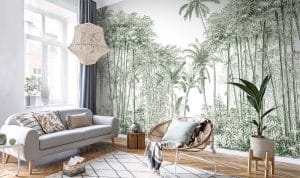 Le papier peint panoramique MANAUS présente une forêt tropicale en noir et blanc, elle semble avoir été réalisée au crayon de papier. Le décor mural fait penser à l’illustration d’un livre ou au dessin d’un carnet de voyage.