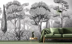 Le papier peint panoramique MEDITERRANIU célèbre la végétation du sud : pins, pins parasols, cyprès, arbousiers… Sous forme de dessin, la tapisserie se décline en trois versions (en couleurs, en noir et blanc, en gris pâle et blanc), allant du style le plus marqué au plus discret.