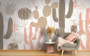 Le papier peint panoramique MEXICA plante un décor de cactus. Les plantes variées présentent leurs formes arrondies, ovales, allongées. Les détails des cactus sont graphiques : des traits longs et fins, courts et larges, en largeur et en hauteur. L’alternance entre formes pleines et contours ajoute du relief au décor mural végétal. La tapisserie mexicaine affiche un fond blanc qui se décline en deux versions de couleurs : rose, marron et beige ou dans des teintes de vert.