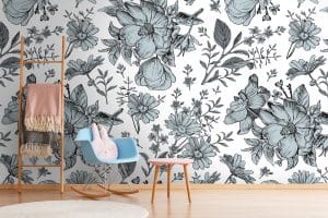 Le papier peint panoramique« BOUTON » expose des fleurs et leurs feuilles dans un charme évident. Votre papier peint prend un look d’antan.