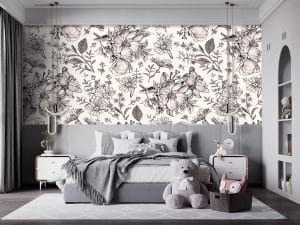 Le papier peint panoramique« BOUTON » expose des fleurs et leurs feuilles dans un charme évident. Votre papier peint prend un look d’antan.