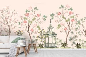 Le papier peint panoramique « paysage chinese » est un havre de paix. Sur un fond vert d’eau, les motifs floraux, le temple asiatique et les couleurs pastel déclenchent un sentiment de quiétude.