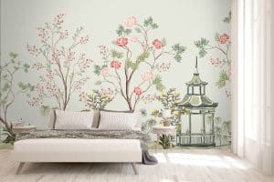 Le papier peint panoramique « paysage chinese » est un havre de paix. Sur un fond vert d’eau, les motifs floraux, le temple asiatique et les couleurs pastel déclenchent un sentiment de quiétude.