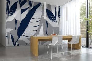 Le papier peint panoramique « Nature nat » est un quatuor de couleurs somptueuses : bleu nuit, écru, beige et marron clair se partagent le succès.