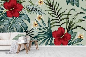 Le papier peint « Jungle rougot » propose sur un fond vert amande, une végétation exotique. De grandes et belles fleurs d’hibiscus au rouge profond attirent l’œil. Quelques petites orchidées renforcent la touche fleurie. Des feuilles de palmier et d’hibiscus s’exposent dans des verts différents.