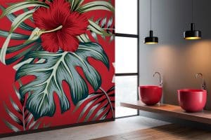 Le papier peint « Jungle rougot » propose sur un fond vert amande, une végétation exotique. De grandes et belles fleurs d’hibiscus au rouge profond attirent l’œil. Quelques petites orchidées renforcent la touche fleurie. Des feuilles de palmier et d’hibiscus s’exposent dans des verts différents.