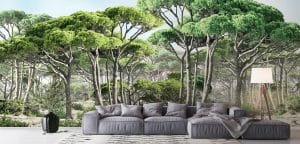 Papier peint panoramique PINEA affiche fièrement ses pins parasols, ses arbustes méditerranéens et son sol argileux. Le papier peint nous place au cœur d’une pinède. L’odeur des pins, le soleil qui réchauffe, le chant des grillons nous font plonger au cœur du sud.