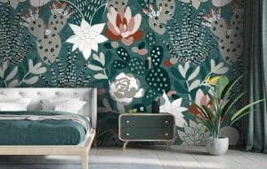 Papier peint panoramique Succulente fête les fleurs et offre une ambiance végétale gourmande. Des pivoines, des roses, des cactus, des plantes exotiques s’entremêlent. Les détails des fleurs et des plantes sont autant d’effets graphiques sur le papier peint : des stries, des ronds, des courbes, des traits… On en prend plein les yeux et c’est divin.