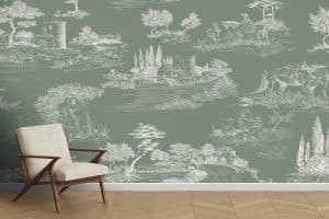 Le papier peint panoramique« Vintage toile » ressemble aux toiles tissées du 19e siècle. Son fond vert amande accueille des dessins d’une finesse absolue.