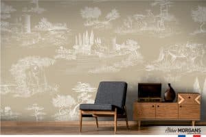Le papier peint panoramique« Vintage toile » ressemble aux toiles tissées du 19e siècle. Son fond vert amande accueille des dessins d’une finesse absolue.