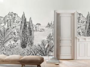 Ce décor panoramique en grisaille créé par Martine Dubreucq et Isabelle Parmentier évoque les côtes et la végétation du nord de la Méditerranée. Laissez-vous transporter par le paysage d'une calanque abritée bordée d'une colline flanquée d'un vieux Castel antique.