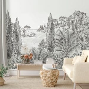 Ce décor panoramique en grisaille créé par Martine Dubreucq et Isabelle Parmentier évoque les côtes et la végétation du nord de la Méditerranée. Laissez-vous transporter par le paysage d'une calanque abritée bordée d'une colline flanquée d'un vieux Castel antique.