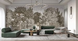 Le feuillage touffu et intense. Le papier peint panoramique FEUILLUS apporte une atmosphère végétale à la décoration d’intérieur. La faune n’est pas en reste puisque l’on aperçoit des oiseaux traverser le ciel. Ambiance nature pour ce décor mural. La tapisserie présente des arbres et arbustes garnis de feuilles. Les couleurs des végétaux varient selon le plan des arbres sur le décor, créant du relief et de l’énergie.  Le mur devient une ode à la nature.   Le modèle de papier peint existe en trois versions colorées : une variation de vert, une variation de brun, et une dernière blanche et gris clair. On aime son dessin enveloppant. Les arbres et leurs feuilles deviennent un écrin pour l’intérieur.