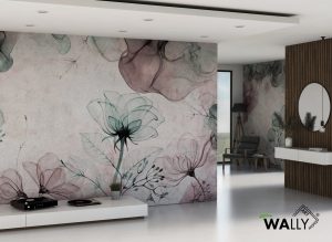 Papier peint panoramique AMELIE Un papier peint avec des éléments floraux aux tons blancs purs évoque une ambiance de pureté, de fraîcheur et de simplicité. Cette esthétique minimaliste peut être apaisante et apporter une sensation de sérénité à une pièce.